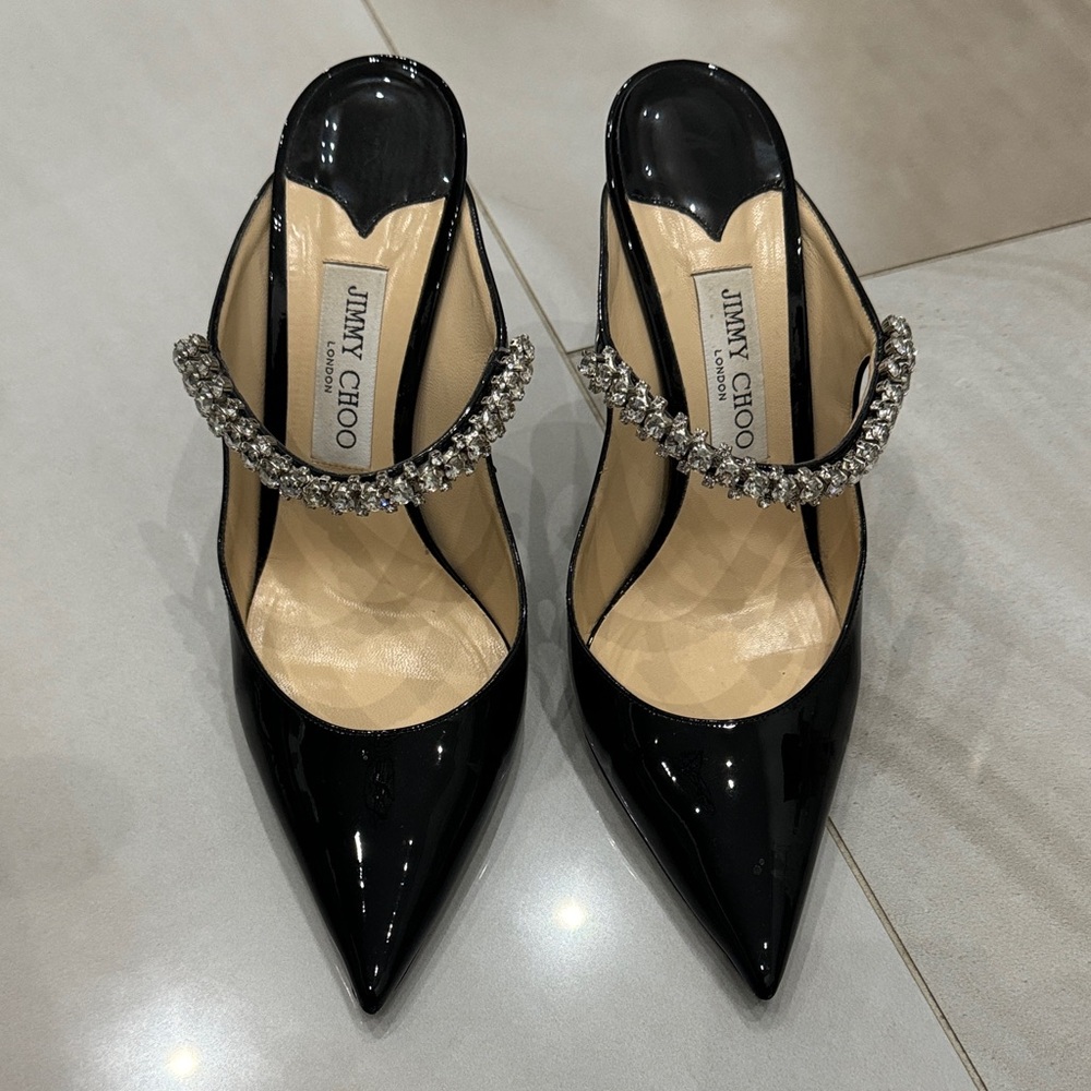 Jimmy Choo Black Patent Pointed-Toe Mules with Crystal Strap